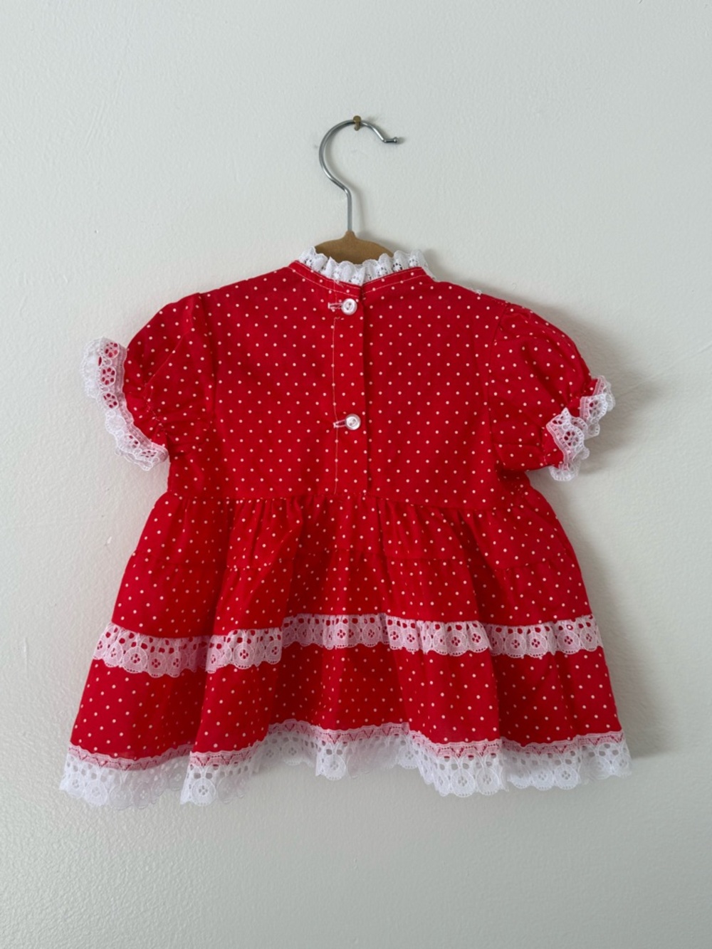 Vintage Baby Girl 9m Baby Doll Red & White Polka Dot Dress Lace Teired Ruffle - Picture 6 of 8